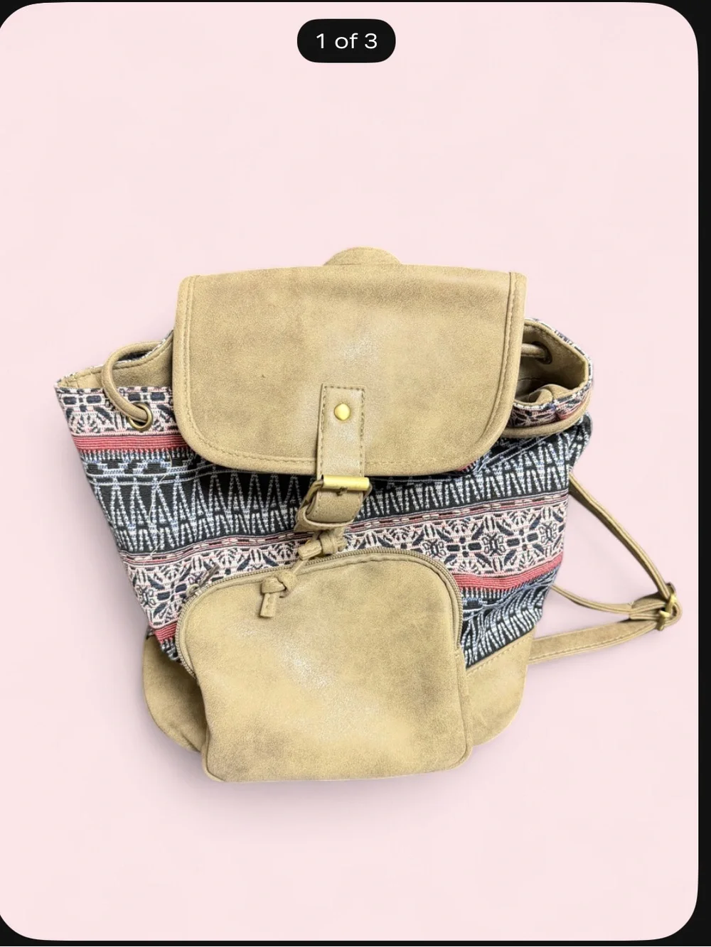Patterned Canvas & Tan Faux-Leather Drawstring Backpack - Women's